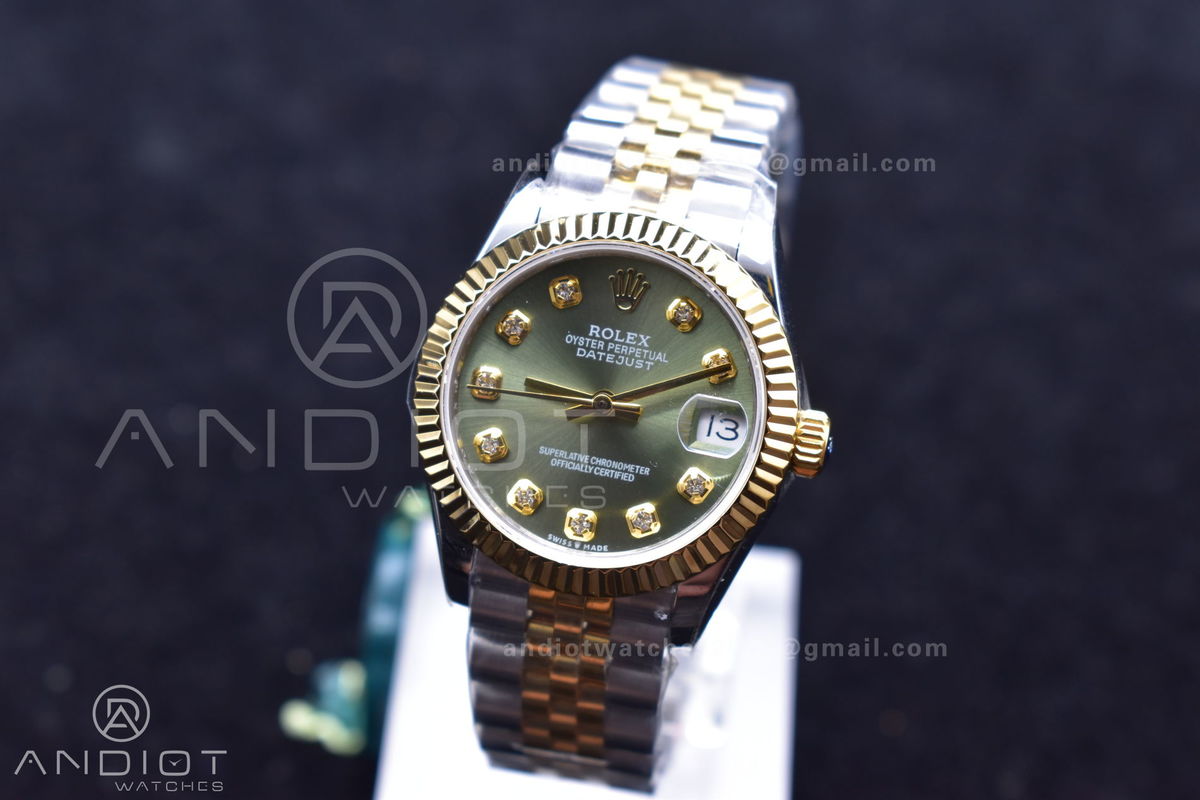 DateJust 31 Ladies 278289 WF 316L Steel Green Dial Fluted Bezel and Markers on President Syle Bracelet